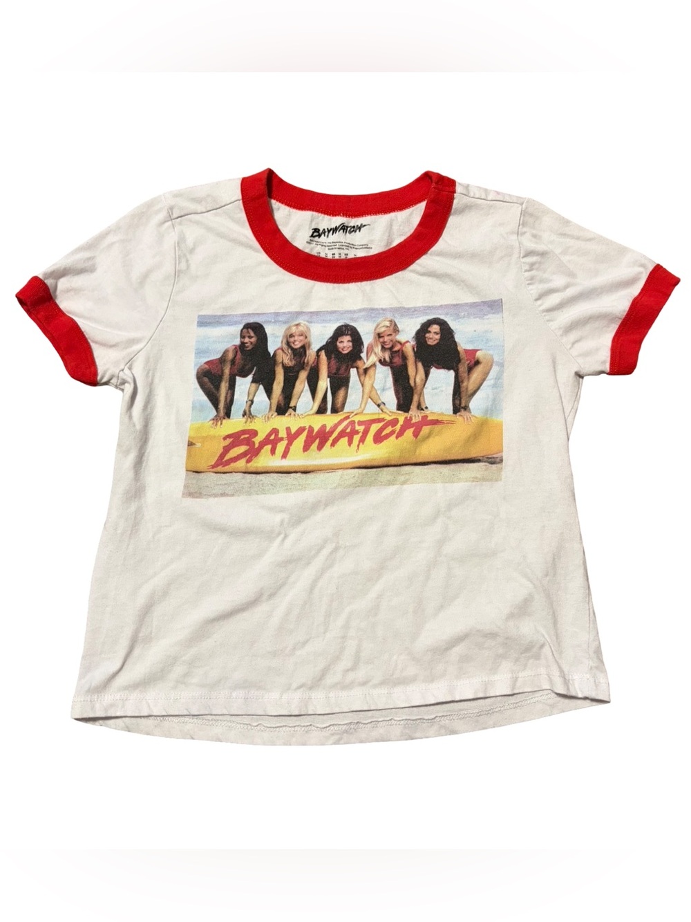 Baywatch cropped Graphic Ringer Tee in White and Red meduim